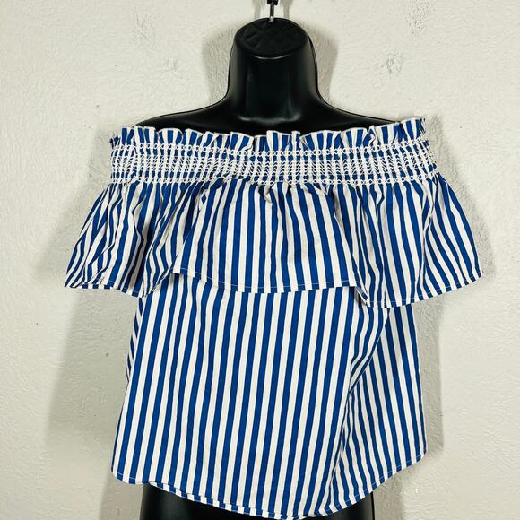 Stradivarius Striped Off Shoulder Blouse Top Sailor Nautical Casual Ruffle - S - Picture 2 of 6